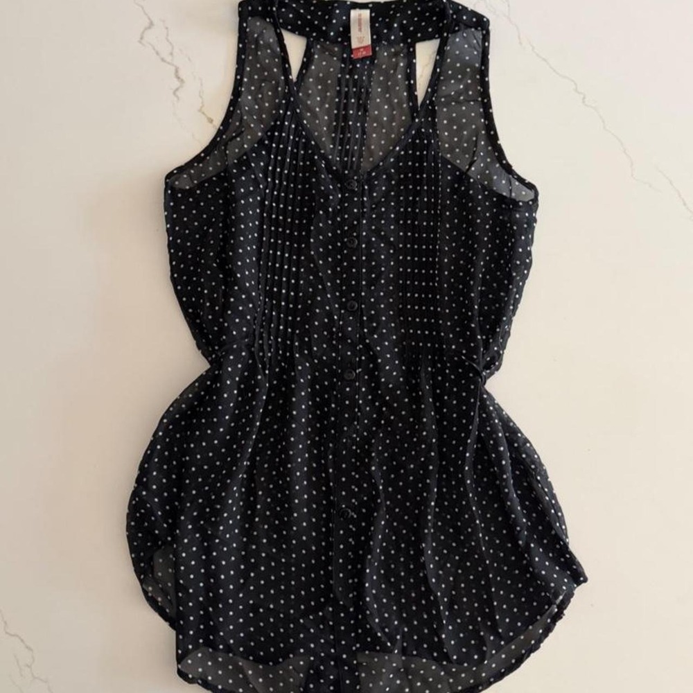 black with white polka dot blouse